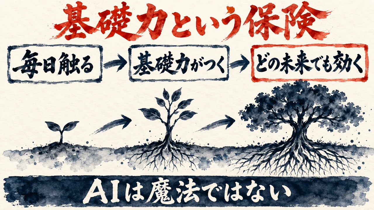 「基礎力という保険」の図解。「毎日触る」「基礎力がつく」「どの未来でも効く」の三つの札と、根を張る木の水彩画。下の帯に「AIは魔法ではない」