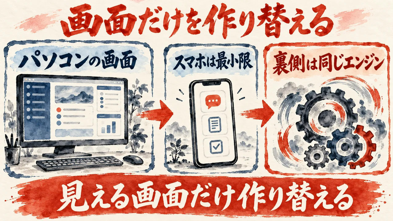 スマホ版と裏側の図解。パソコンの画面、スマホは最小限、裏側は同じエンジン、の3枚の札が矢印でつながり、下の帯に見える画面だけ作り替えると書かれている。