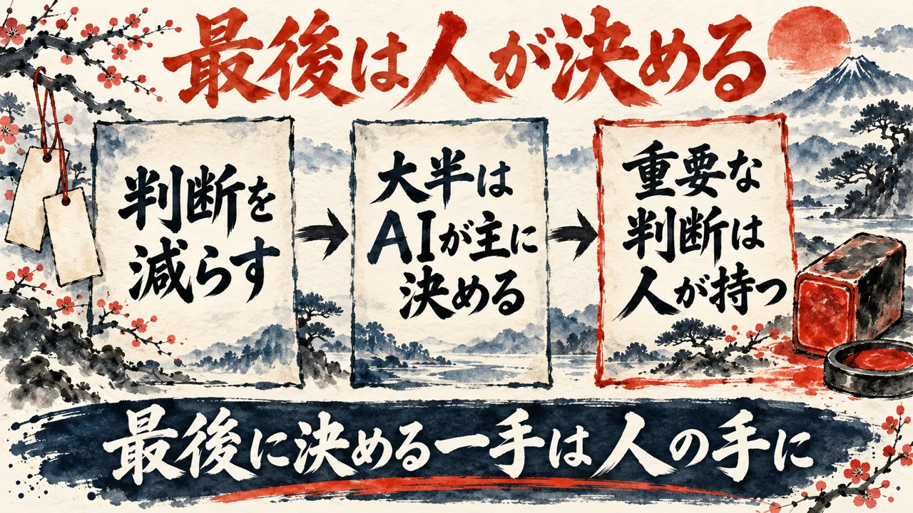 水彩の図解。見出し「最後は人が決める」。判断を減らす、大半はAIが主に決める、重要な判断は人が持つ、の順に札が並び、下の帯に「最後に決める一手は人の手に」。朱色の判子が添えられている
