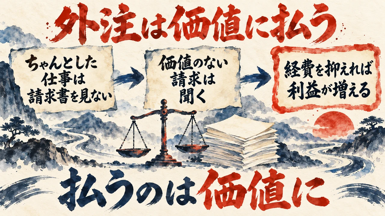 「外注は価値に払う」の図解。「ちゃんとした仕事は請求書を見ない」「価値のない請求は聞く」「経費を抑えれば利益が増える」の三つの札が並び、下の帯に「払うのは価値に」