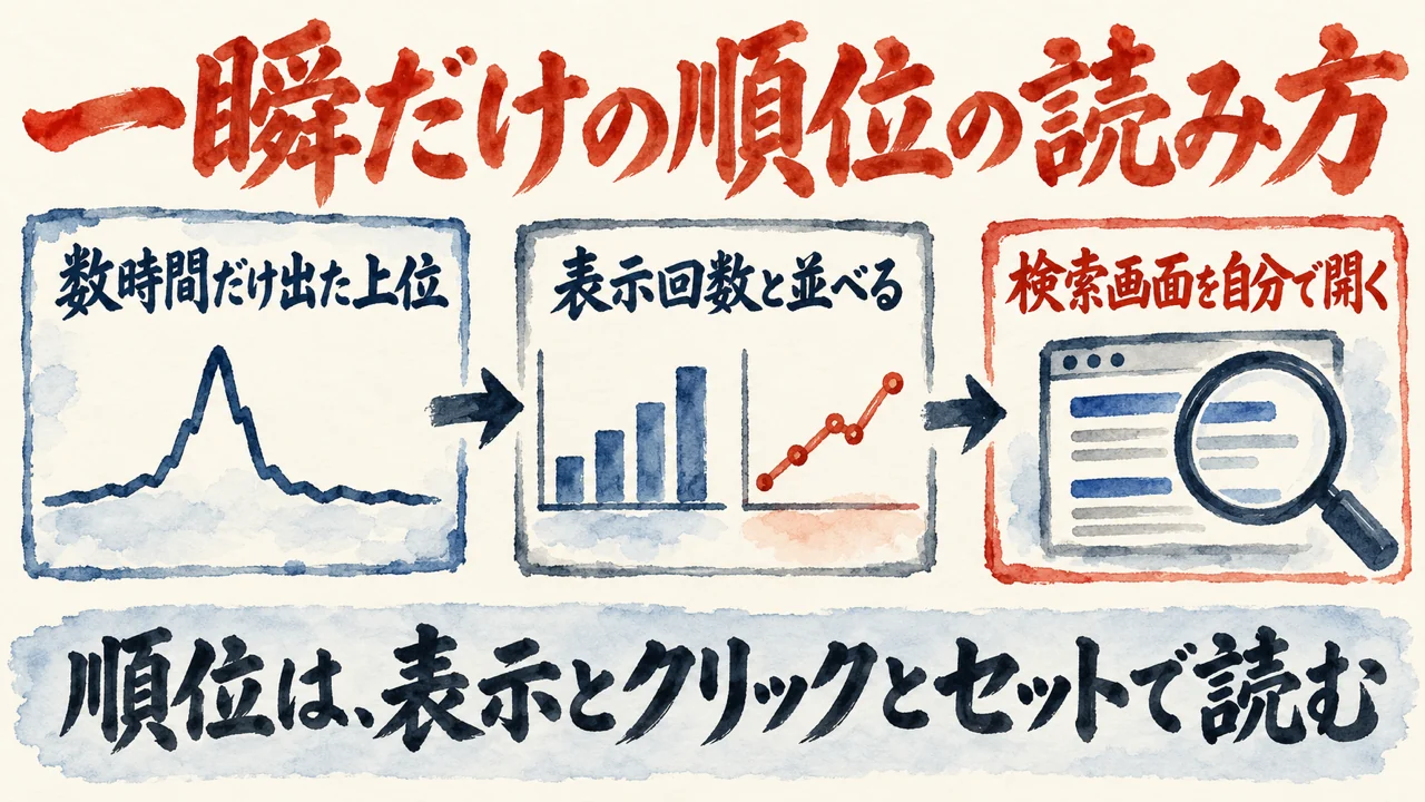 図解。数時間だけ出た上位の山形の線を、表示回数と並べて読み、最後は検索画面を自分で開いて確かめる流れを示している