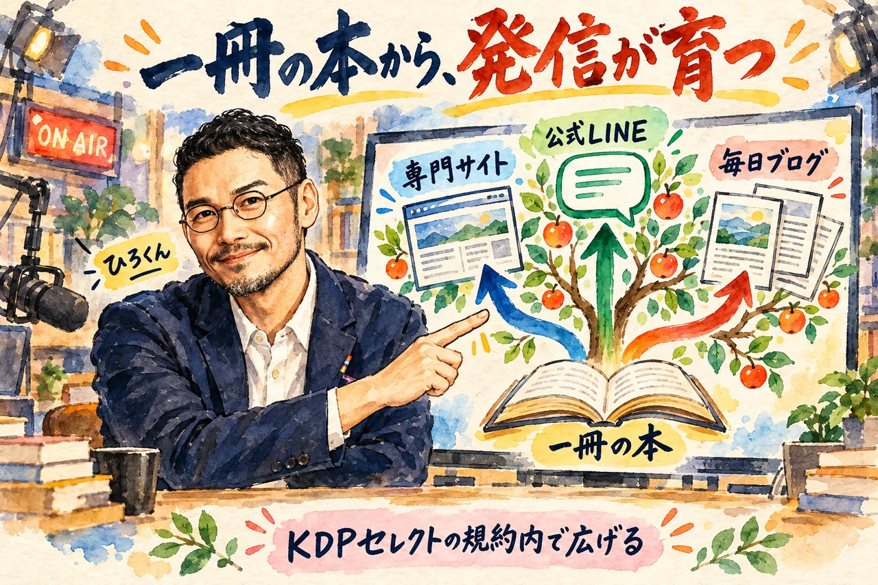 本一冊を起点に専門サイトと公式LINE、毎日ブログへつなぐ｜ひろくんが、本を根にして枝分かれする流れを指でたどる場面