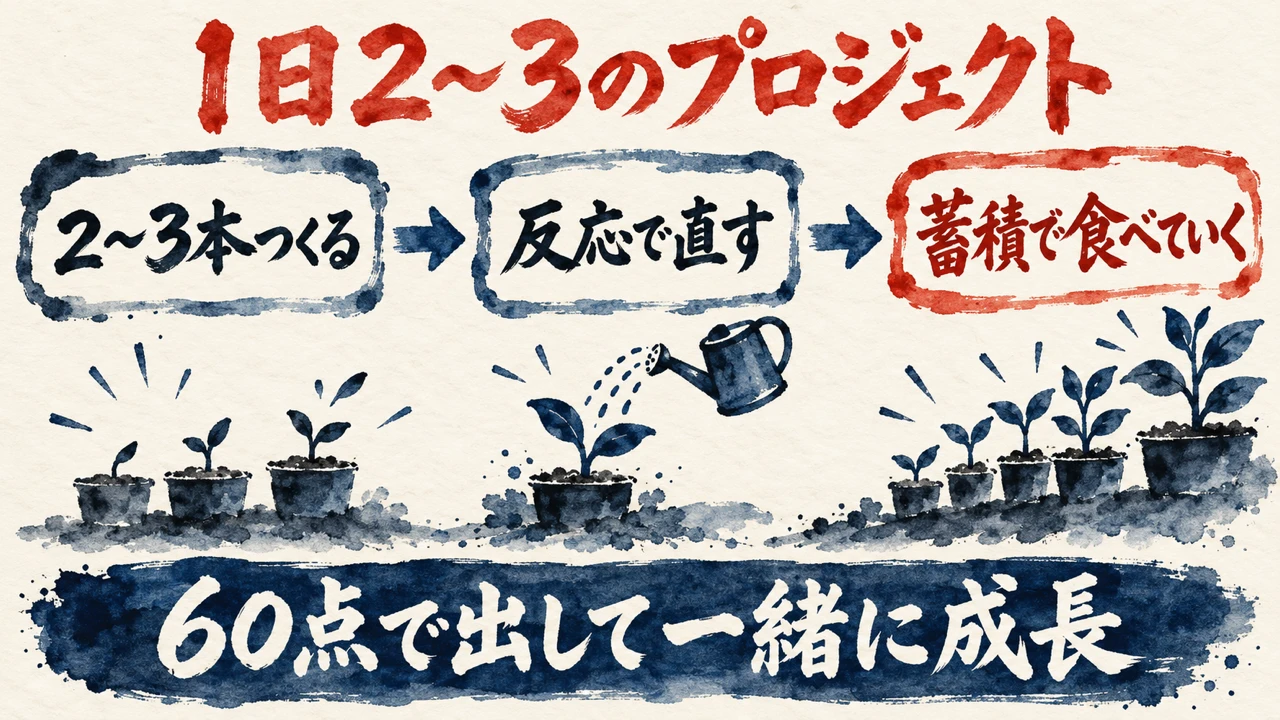 図解。2〜3本つくる、反応で直す、蓄積で食べていく、の三つの札が矢印でつながり、育っていく苗の鉢の絵、下に60点で出して一緒に成長の帯