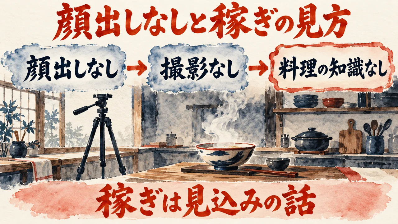 顔出しなし・撮影なしの図解。「顔出しなし」「撮影なし」「料理の知識なし」の三つの札が並び、下の帯に「稼ぎは見込みの話」