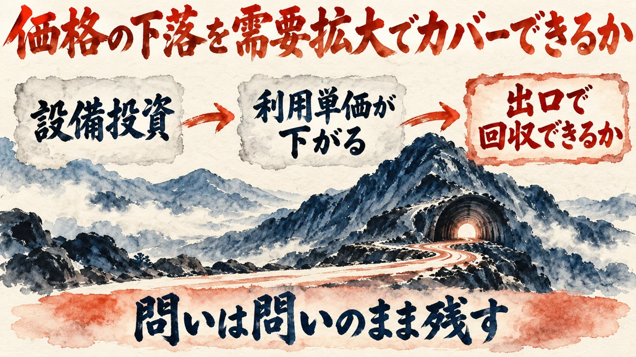 図解。設備投資、利用単価が下がる、出口で回収できるか、の三つの札が矢印でつながり、下に問いは問いのまま残すの帯