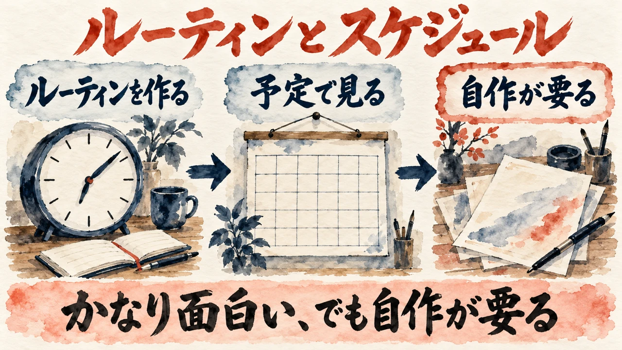 「ルーティンとスケジュール」の図解。「ルーティンを作る」「予定で見る」「自作が要る」の三つの札と、カレンダーの水彩画。下の帯に「かなり面白い、でも自作が要る」