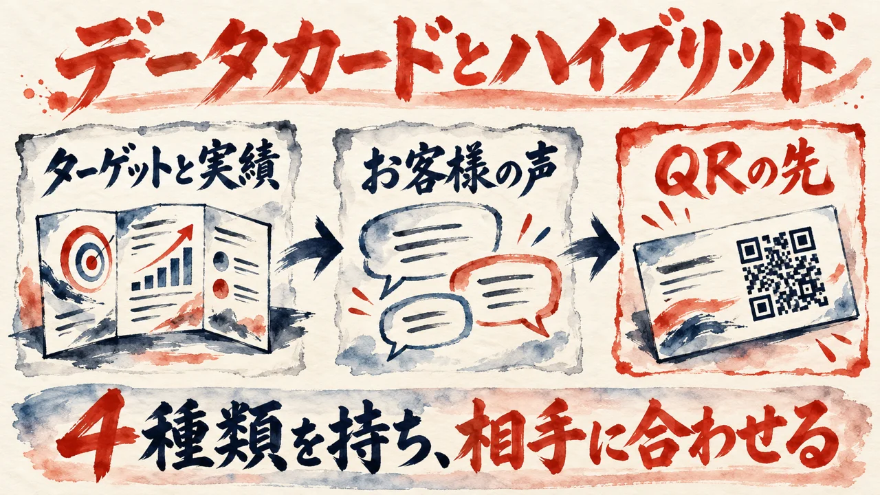 「データカードとハイブリッド」の図解。「ターゲットと実績」「お客様の声」「QRの先」の三つの札と、三つ折りの名刺の水彩画。下の帯に「4種類を持ち、相手に合わせる」