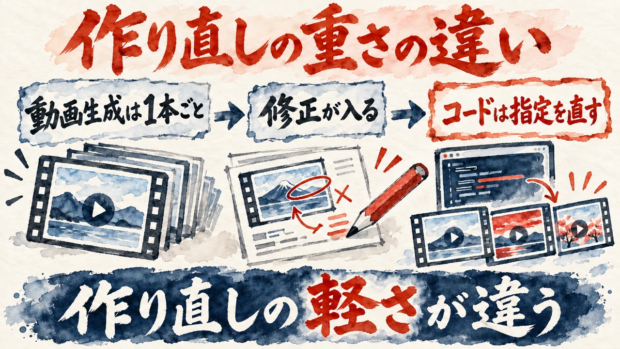 図解: 動画生成は1本ごとに修正が入り、コードは指定を直して書き出す。作り直しの軽さが違う