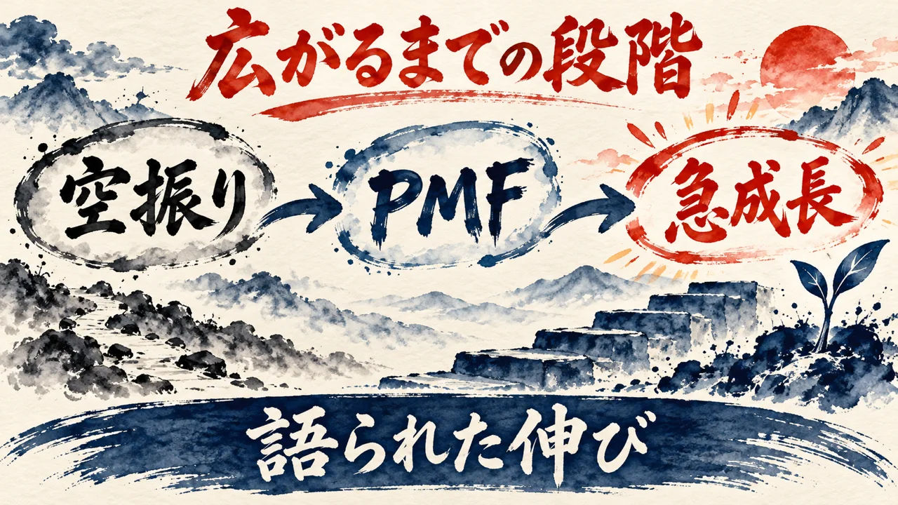 「5つの段階」の図解。「空振り」「PMF 9月1日」「急成長」の三つの札が矢印で並び、下の帯に「語られた伸び」