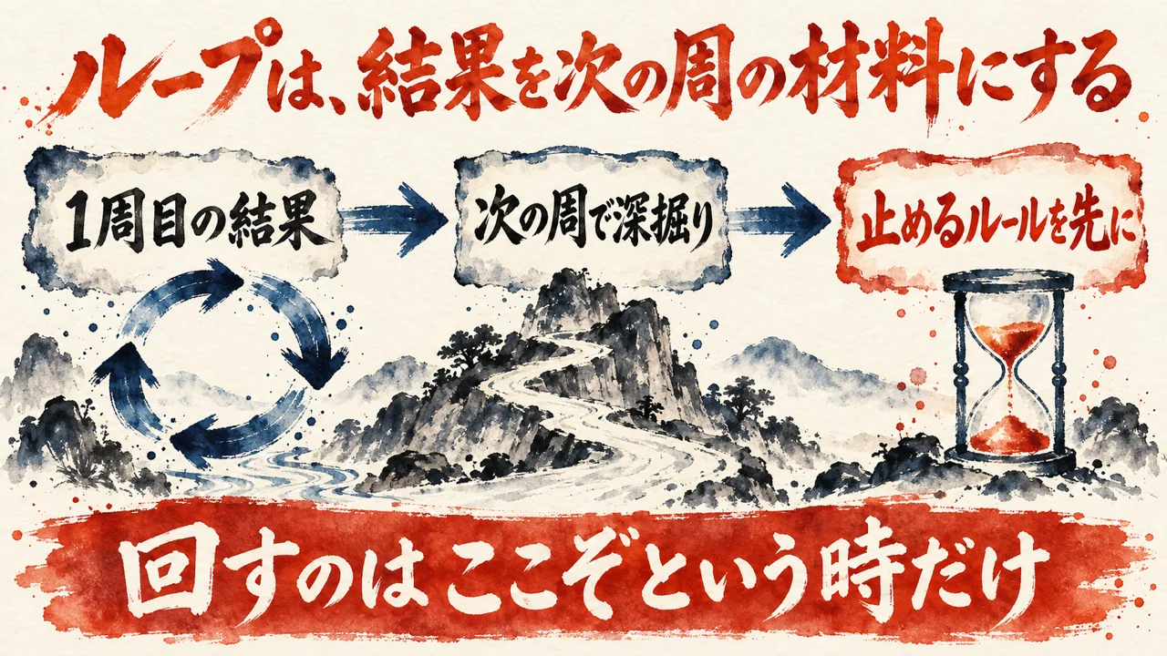 ループは結果を次の周の材料にする、という図解。1周目の結果を次の周で深掘りし、止めるルールを先に決める。砂時計と輪になった矢印の絵