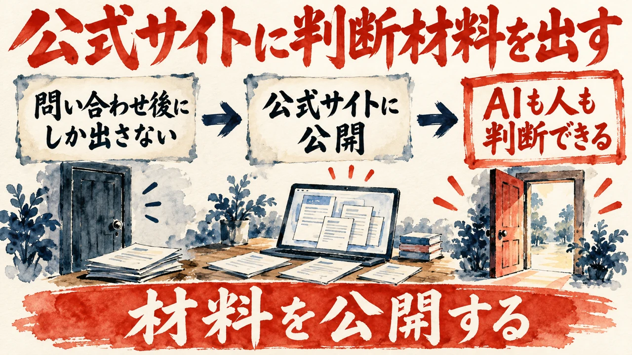 「公式サイトに判断材料を出す」の図解。「問い合わせ後にしか出さない」「公式サイトに公開」「AIも人も判断できる」の三つの札が矢印で並び、下の帯に「材料を公開する」