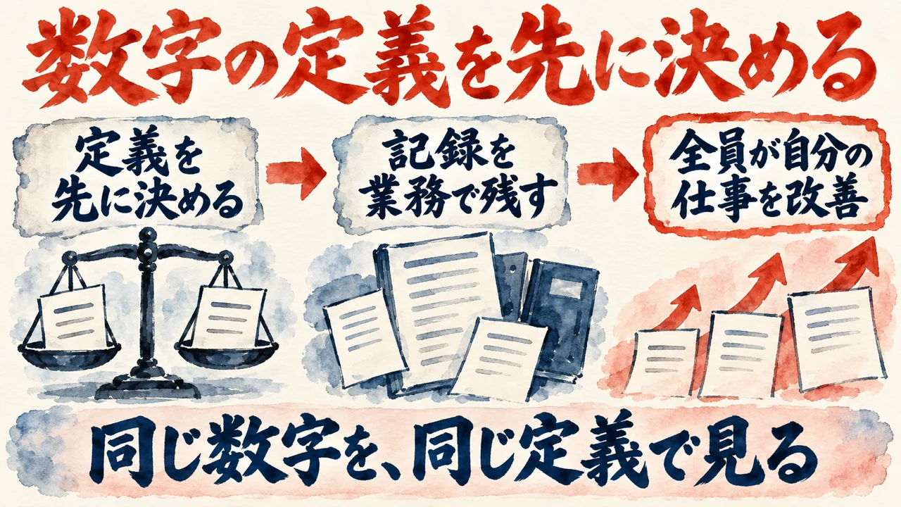 「数字の定義」の図解。「定義を先に決める」「記録を業務で残す」「全員が自分の仕事を改善」の三つの札と、天秤の水彩画。下の帯に「同じ数字を、同じ定義で見る」