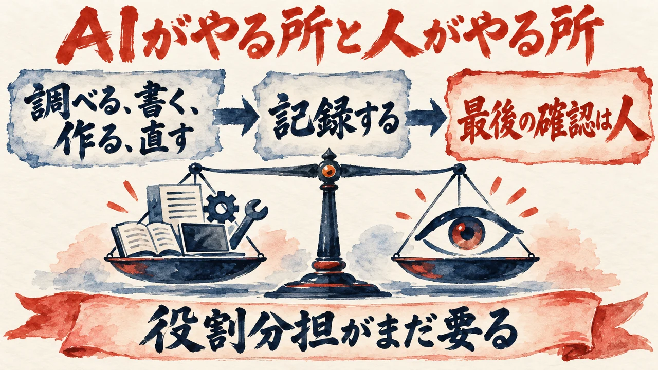 図解。調べる、書く、作るはAI、最後に違和感がないか確かめる一手は人、の分担を示している