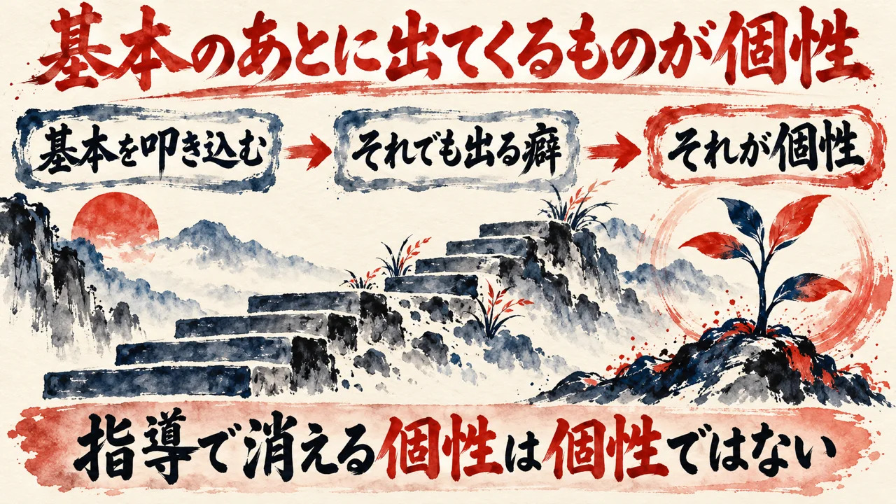 図解。基本を叩き込む、それでも出る癖、それが個性、の三つの札と、階段の先で芽吹く植物の水彩画。下の帯に指導で消える個性は個性ではないの文字。見出しは基本のあとに出てくるものが個性