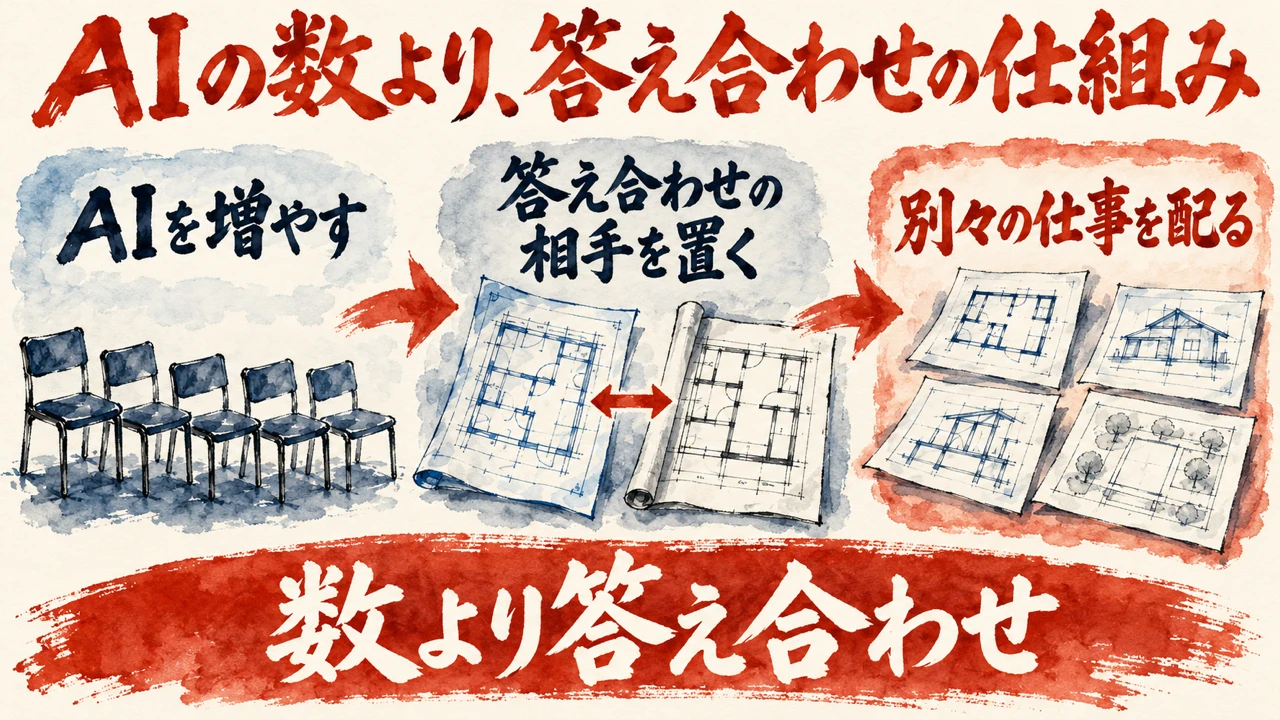 図解。AIを増やす、答え合わせの相手を置く、別々の仕事を配る、の三つの札が矢印で並び、下の帯に数より答え合わせの仕組みの文字。見出しはAIの数より、答え合わせの仕組み