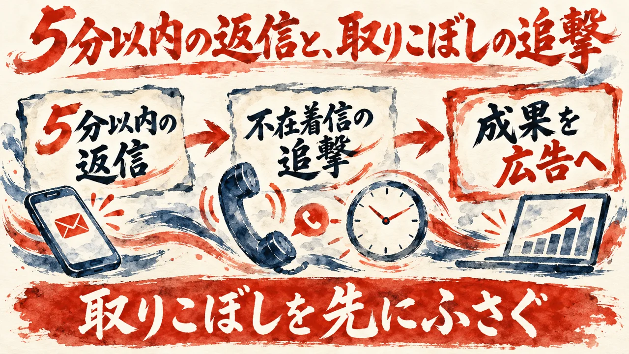 図解。5分以内の返信、不在着信の追撃、成果を広告へ、の三つの札が矢印で並び、下の帯に取りこぼしを先にふさぐの文字