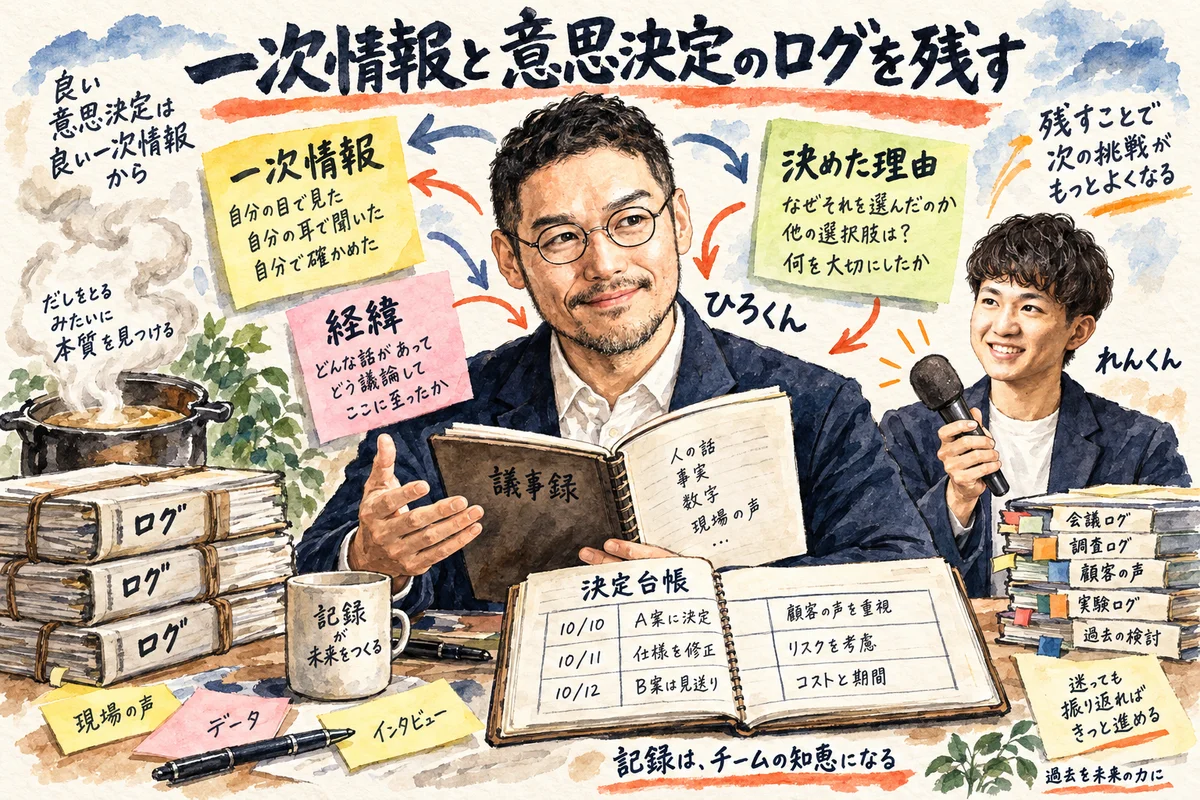 会議の音声や判断の経緯が決定台帳に集まりClaude Codeの材料になる様子を描いたグラレコ