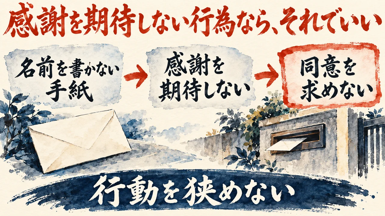 図解。名前を書かない手紙、感謝を期待しない、同意を求めない、の三つの札に、封筒と郵便受けの水彩画が描かれ、下の帯に行動を狭めないの文字。見出しは感謝を期待しない行為なら、それでいい