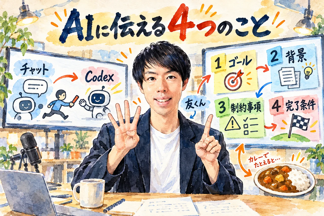 チャットでCodexを呼び出す流れと、AIに頼むときに伝えるゴール、背景、制約事項、完了条件の4つを整理した図