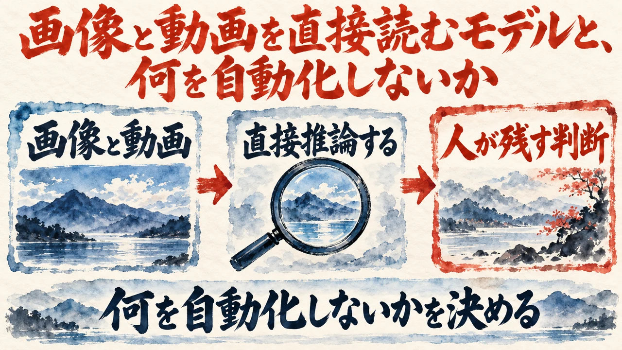 図解。画像と動画、直接推論する、人が残す判断、の三つの札が矢印で並び、下の帯に何を自動化しないかを決めるの文字