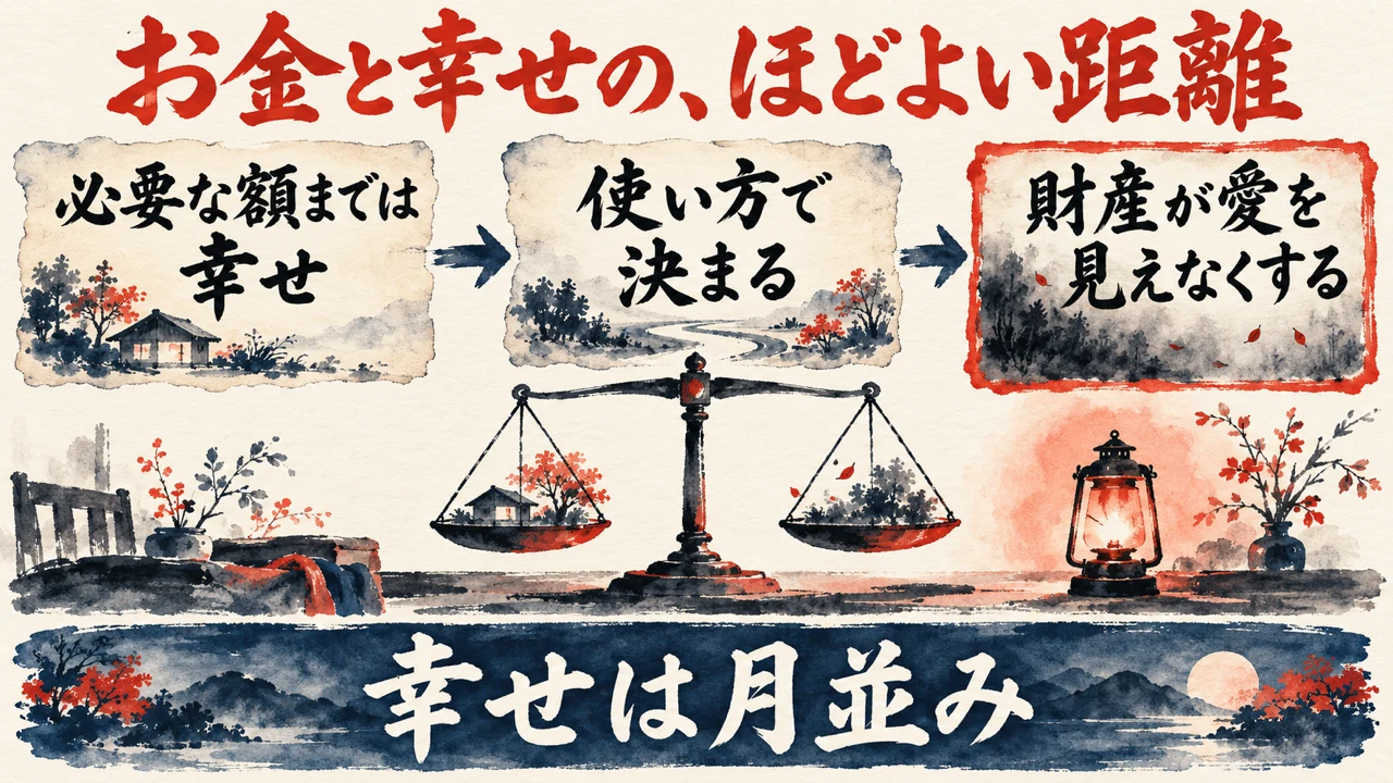 図解。必要な額までは幸せ、使い方で決まる、財産が愛を見えなくする、の三つの札が並び、下の帯に幸せは月並みの文字。見出しはお金と幸せの、ほどよい距離