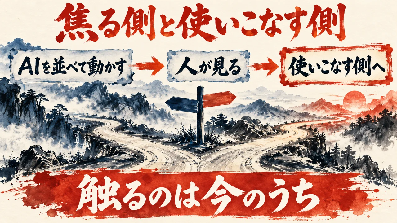 「分かれ道」の図解。「AIを並べて動かす」「人が見る」「使いこなす側へ」の三つの札と、二手に分かれる道の水彩画。下の帯に「触るのは今のうち」