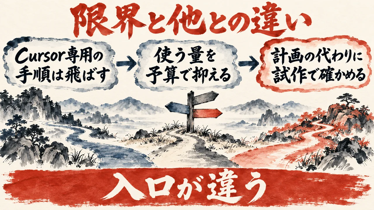 図解。Cursor専用の手順は飛ばす、使う量を予算で抑える、計画の代わりに試作で確かめる、の三つの札が並び、下の帯に入口が違うの文字