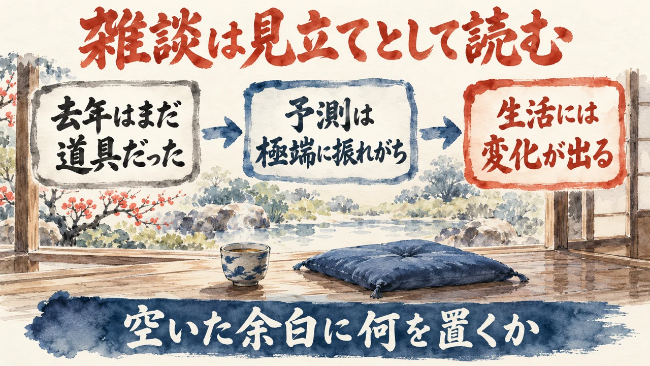 図解。去年はまだ道具だった、予測は極端に振れがち、生活には変化が出る、の三つの札が並び、下の帯に空いた余白に何を置くかの文字