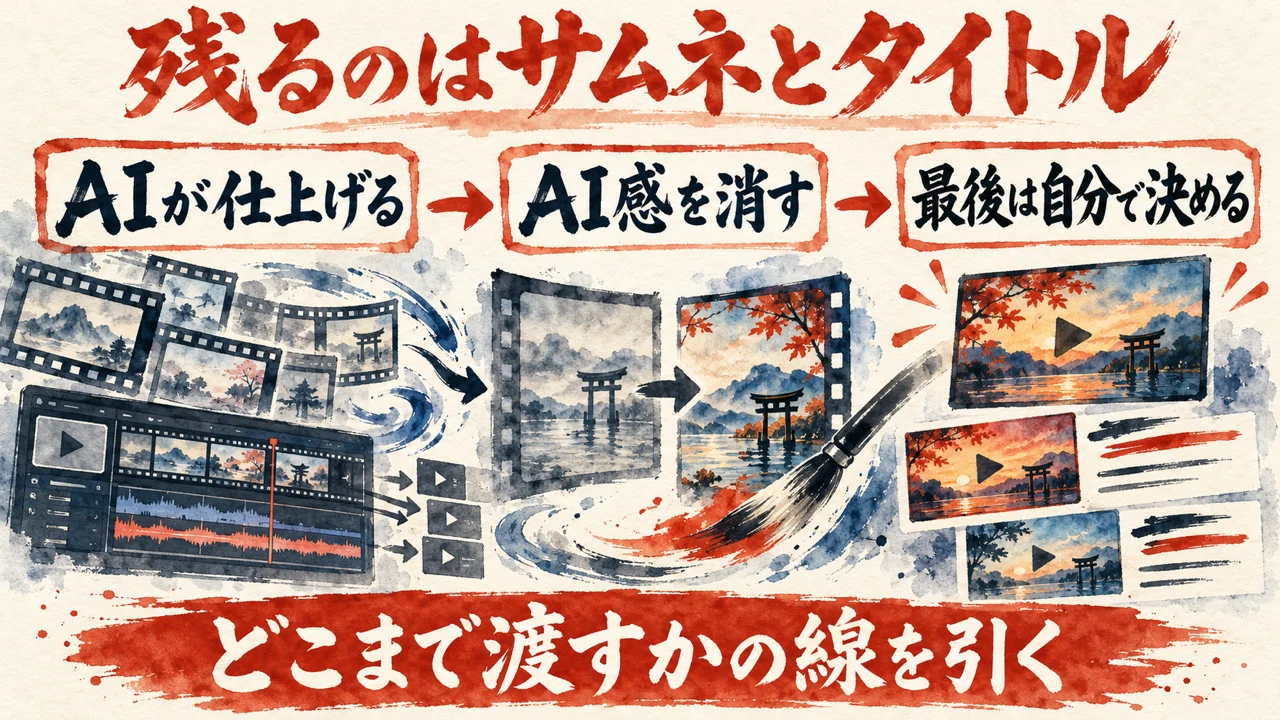 「残るのはサムネとタイトル」の図解。「AIが仕上げる」「AI感を消す」「最後は自分で決める」の三つの札と、動画のコマと筆の水彩画。下の帯に「どこまで渡すかの線を引く」