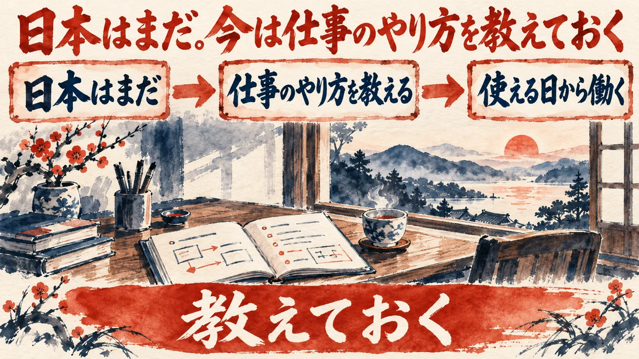 図解。日本はまだ、仕事のやり方を教える、使える日から働く、の三つの札が矢印で並び、下の帯に教えておくの文字