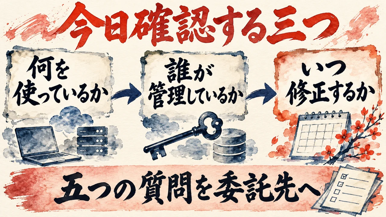 図解。何を使っているか、誰が管理しているか、いつ修正するか、の三つの札が矢印で並び、パソコンとサーバー、鍵、カレンダーの水彩画が描かれ、下の帯に五つの質問を委託先への文字。見出しは今日確認する三つ