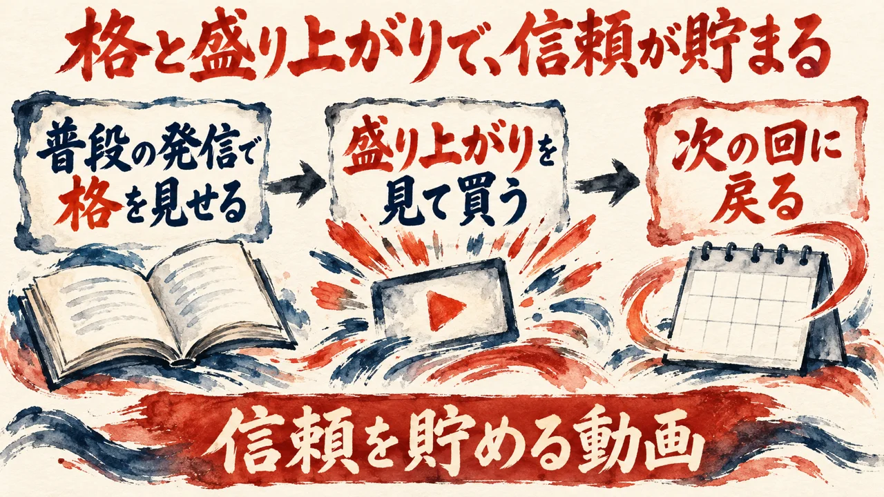 図解。普段の発信で格を見せる、盛り上がりを見て買う、次の回に戻る、の三つの札が矢印で並び、本と動画の画面と暦の水彩画が描かれている。下の帯に信頼を貯める動画の文字。見出しは格と盛り上がりで信頼が貯まる
