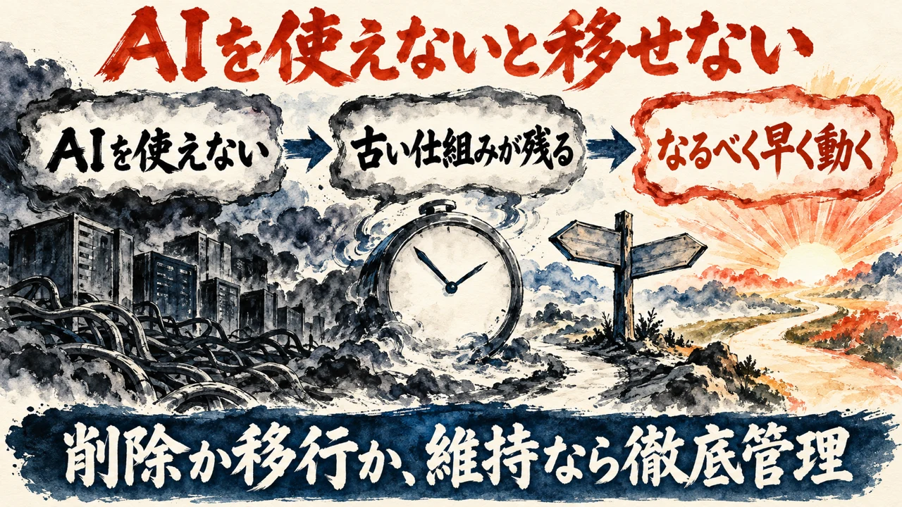 図解。AIを使えない、古い仕組みが残る、なるべく早く動く、の三つの札が矢印で並び、時計と分かれ道の標識の水彩画が添えられ、下の帯に削除か移行か維持なら徹底管理の文字。図の見出しはAIを使えないと移せない。本文の見出しは、AIを使えないと移すのが難しい
