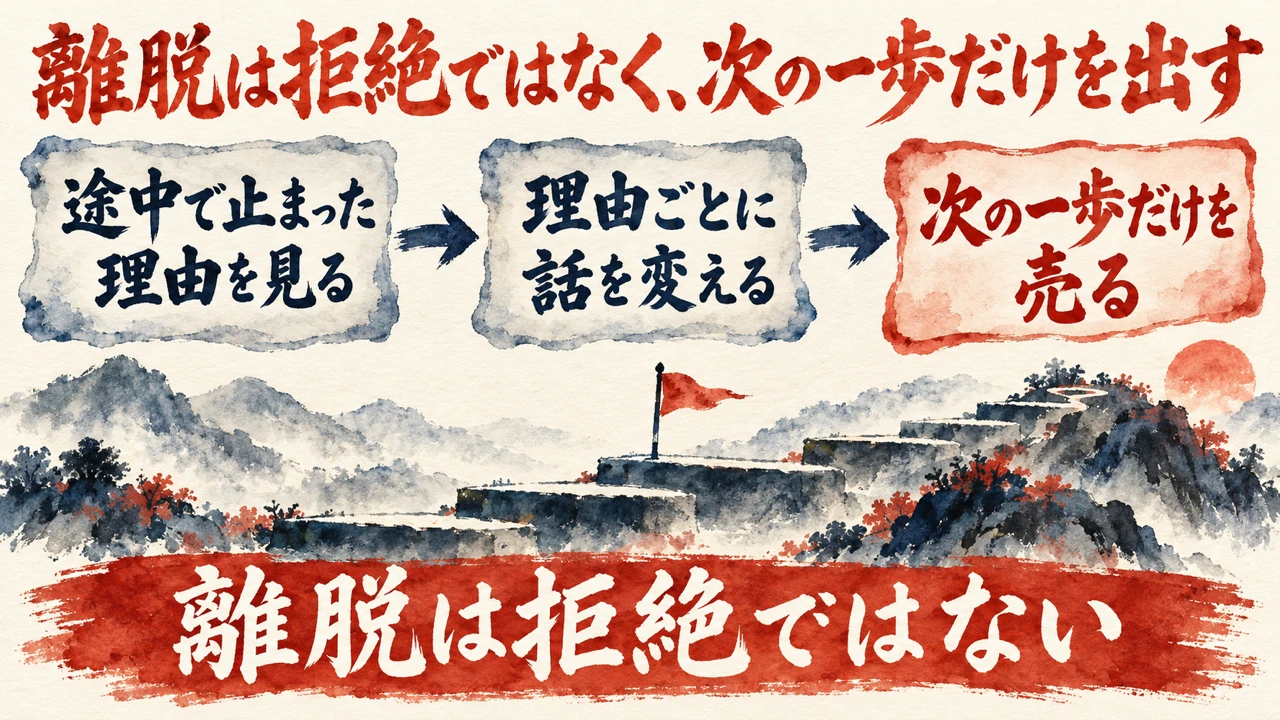 図解。途中で止まった理由を見る、理由ごとに話を変える、次の一歩だけを売る、の三つの札が矢印で並び、下の帯に離脱は拒絶ではないの文字。見出しは離脱は拒絶ではなく、次の一歩だけを出す