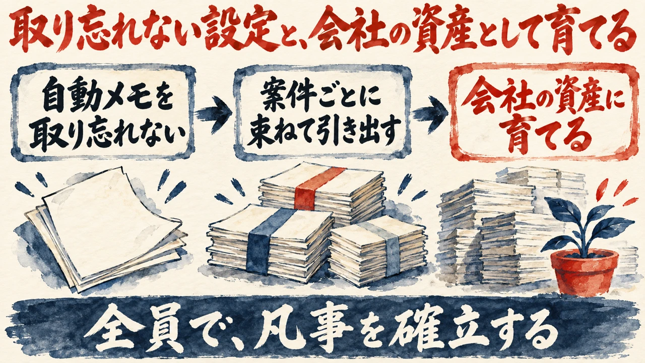 図解。自動メモを取り忘れない、案件ごとに束ねて引き出す、会社の資産に育てる、の三つの札が矢印で並び、積み上がる書類の束と芽の出る鉢植えの水彩画が描かれ、下の帯に全員で凡事を確立するの文字。見出しは取り忘れない設定と、会社の資産として育てる