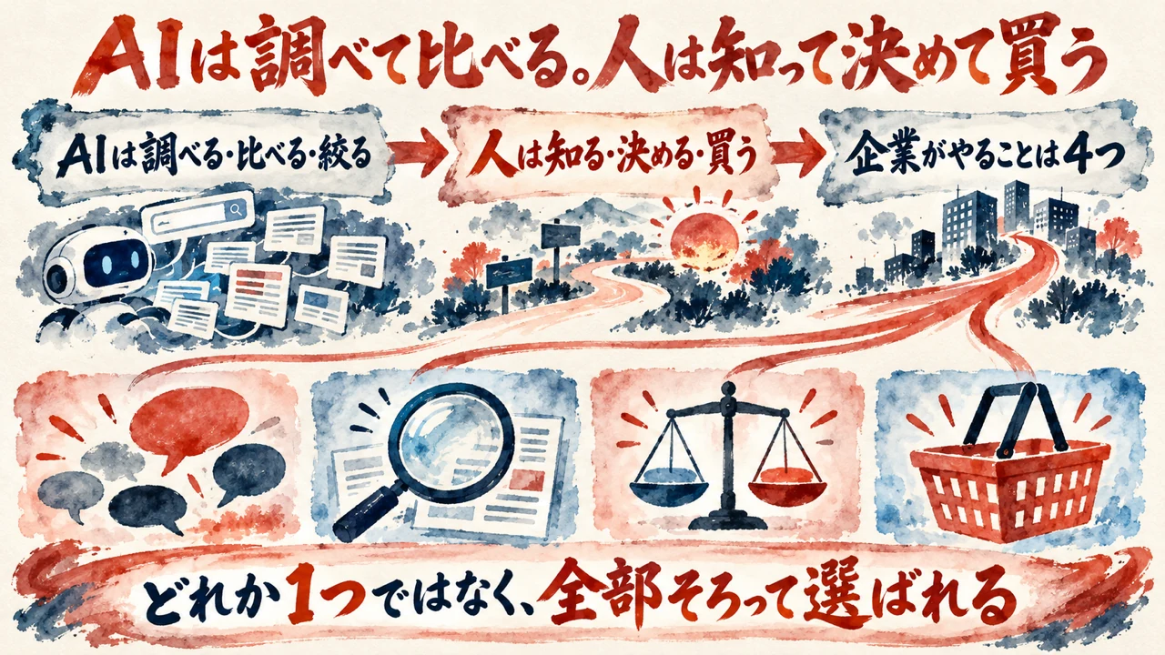 図解。AIがやったことは調べる比べる絞る、人がやったことは知る決める買う、企業がやることは4つ、の三つの札に、調べるAI、道しるべ、街並みの水彩画が並び、下に口コミ、虫眼鏡、天秤、買い物かごの四つの絵と、全部そろって選ばれるの帯が描かれている。見出しはAIは調べて比べる、人は知って決めて買う