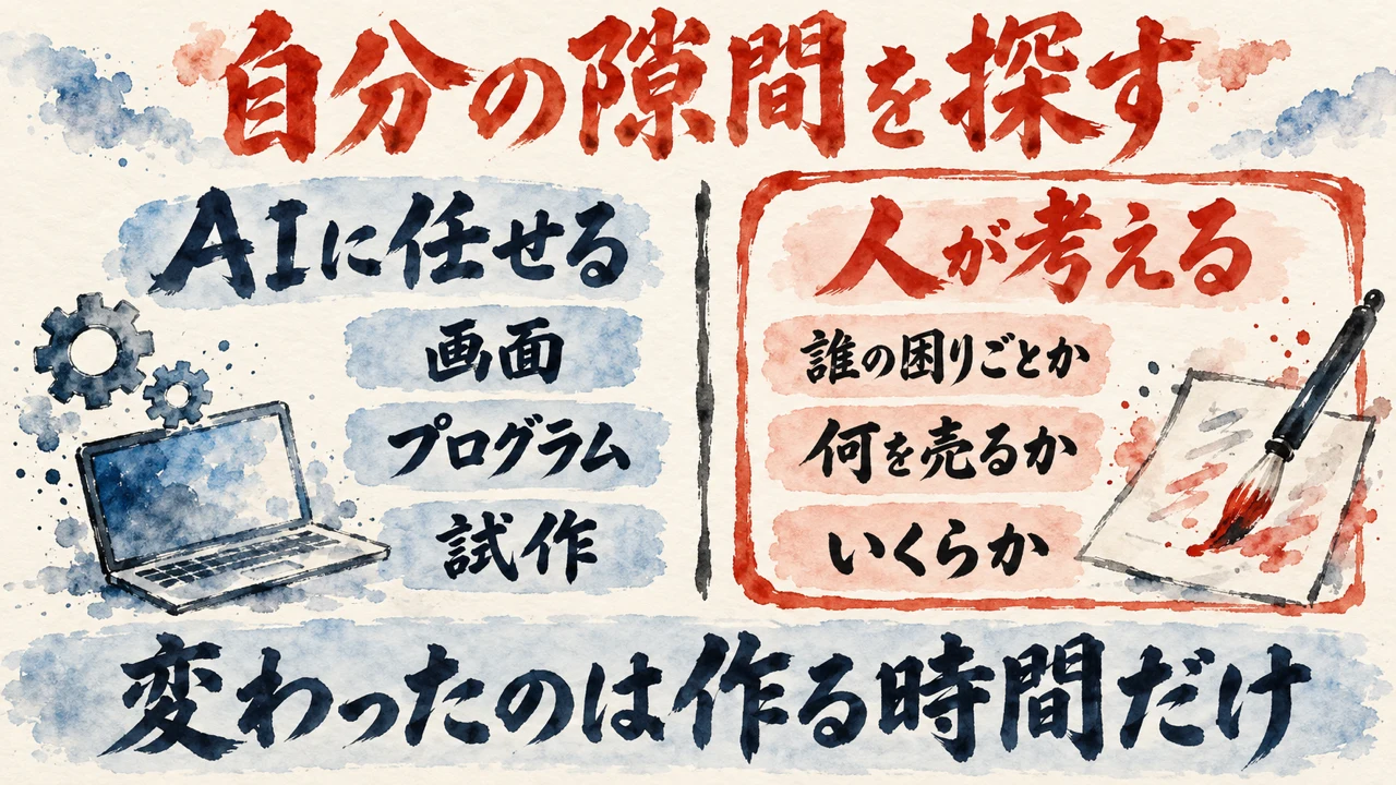 図解。見出しは自分の隙間を探す。左の列はAIに任せる、画面、プログラム、試作。右の朱色の枠は人が考える、誰の困りごとか、何を売るか、いくらか。下の帯に変わったのは作る時間だけ