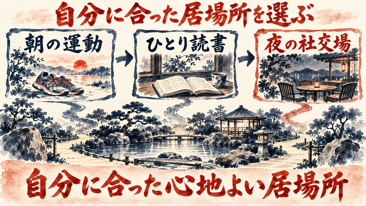 図解。朝の運動、ひとり読書、夜の社交場、の三つの札が矢印で並び、三つの道が一つの庭につながる水彩画が添えられ、下の帯に自分に合った心地よい居場所の文字。見出しは自分に合った居場所を選ぶ