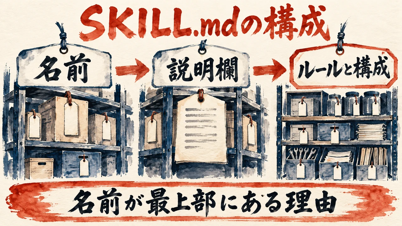 図解 SKILL.mdは、名前、説明欄、ルールと構成の順に並び、名前が最上部に置かれていることを倉庫の棚の札で表した水彩の絵