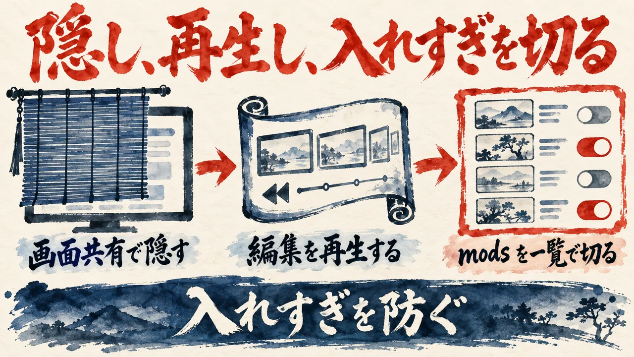 簾で画面を隠し、巻物で編集を再生し、mods の一覧でオンとオフを切り替える流れを描いた水彩の図解
