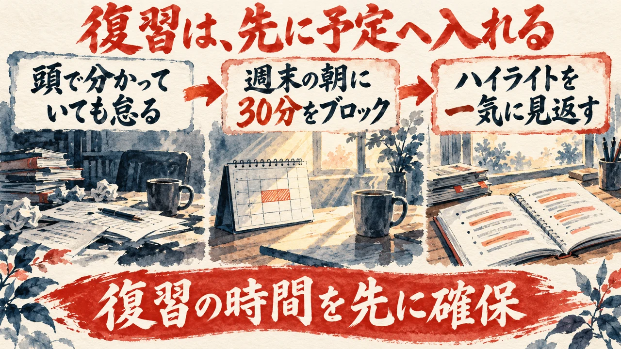 図解。頭で分かっていても怠る、週末の朝に30分をブロック、ハイライトを一気に見返す、の三つの札に、朝の光の差す机と線を引いた紙の水彩画が描かれ、下の帯に復習の時間を先に確保の文字。見出しは復習は、先に予定へ入れる
