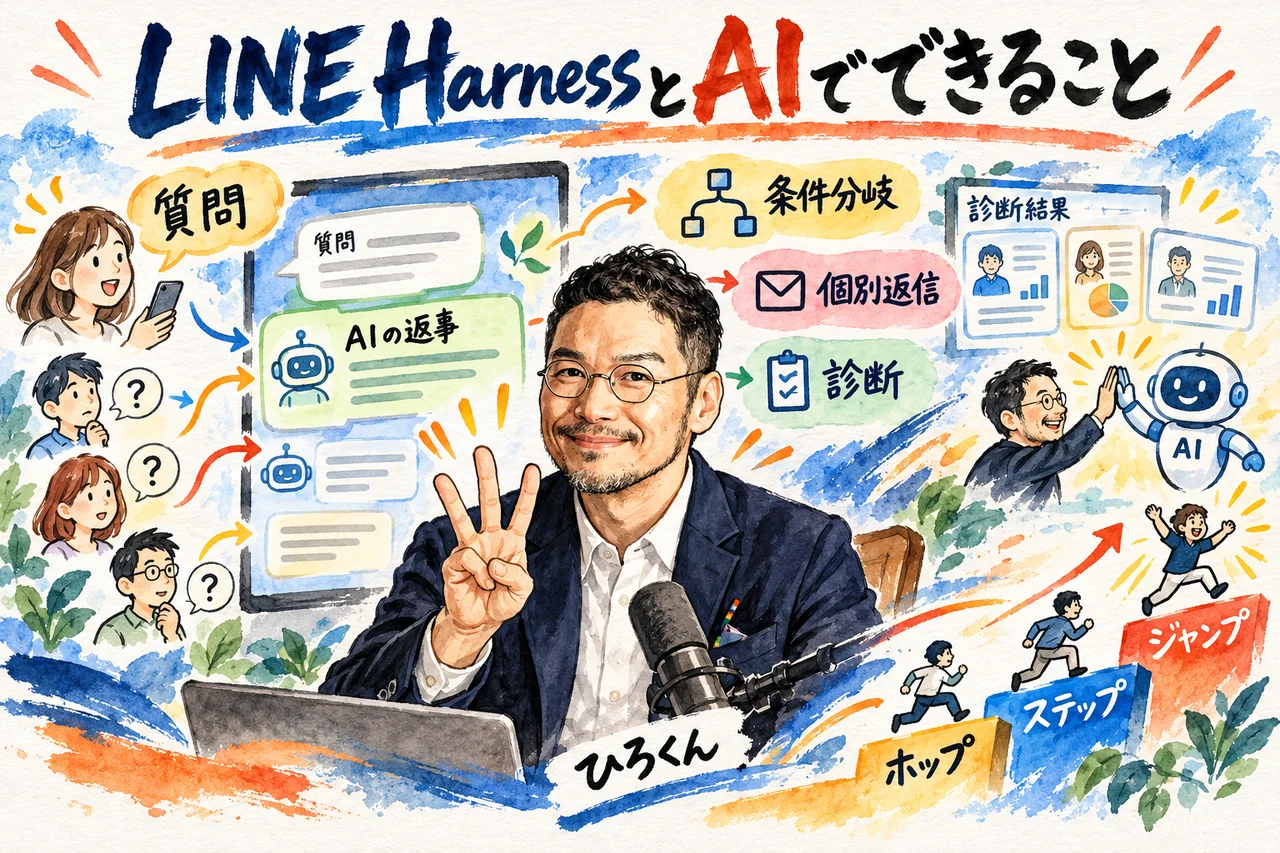 LINE HarnessとAIでできること｜条件分岐、個別返信、診断と、ホップ・ステップ・ジャンプの順番を、ひろくんが説明するグラレコ