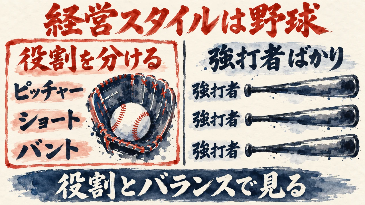 図解。見出しは経営スタイルは野球。左の列は役割を分ける、ピッチャー、ショート、バントでグローブとボールの水彩画、右の列は強打者ばかりで強打者の札とバットが三本並び、下の帯に役割とバランスで見る