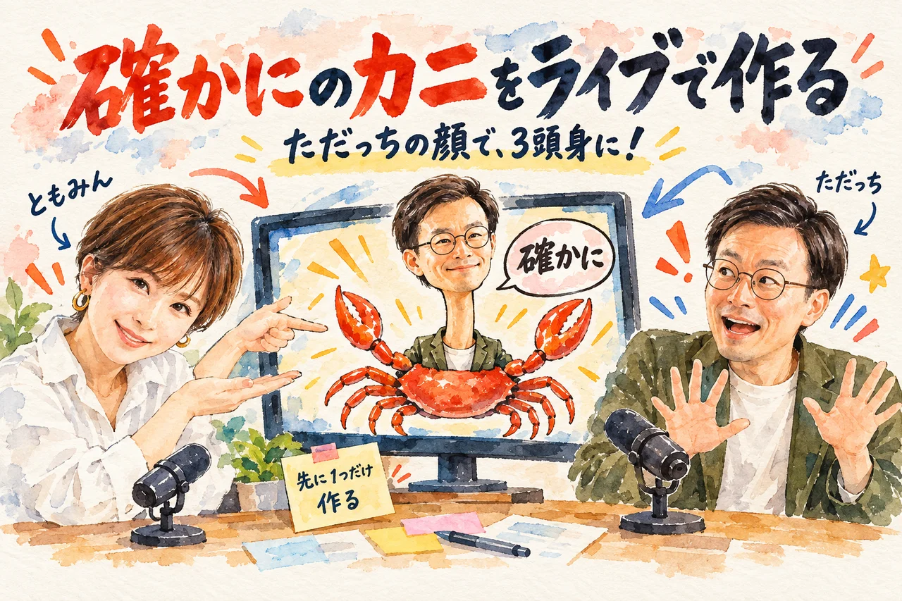確かにのカニをライブで作る|ただっちの顔を入れて、3頭身のキャラクターにする流れの図