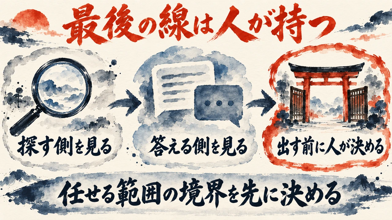 「最後の線は人が持つ」の図解。「探す側を見る」「答える側を見る」「出す前に人が決める」の三つの札が矢印で並び、下の帯に「任せる範囲の境界を先に決める」