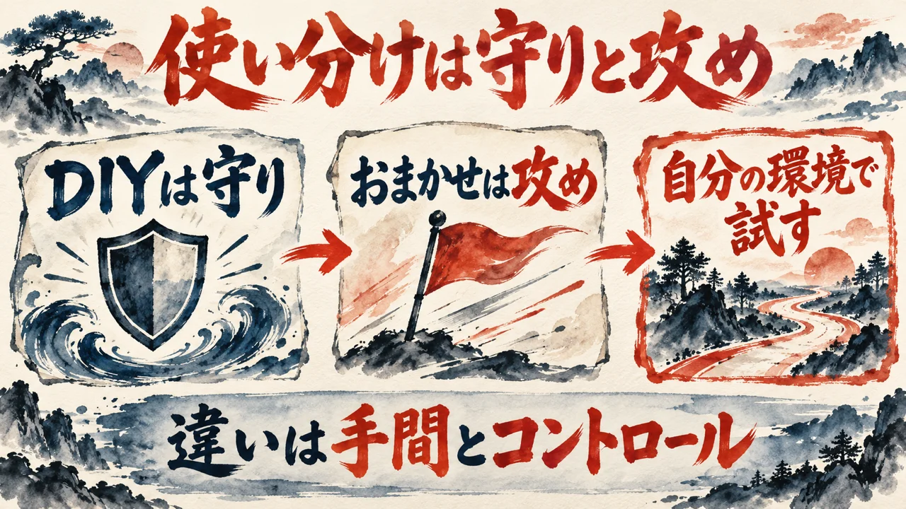 図解。見出しは使い分けは守りと攻め。DIYは守り、おまかせは攻め、自分の環境で試す、の三つの札が矢印で並び、下の帯に違いは手間とコントロール