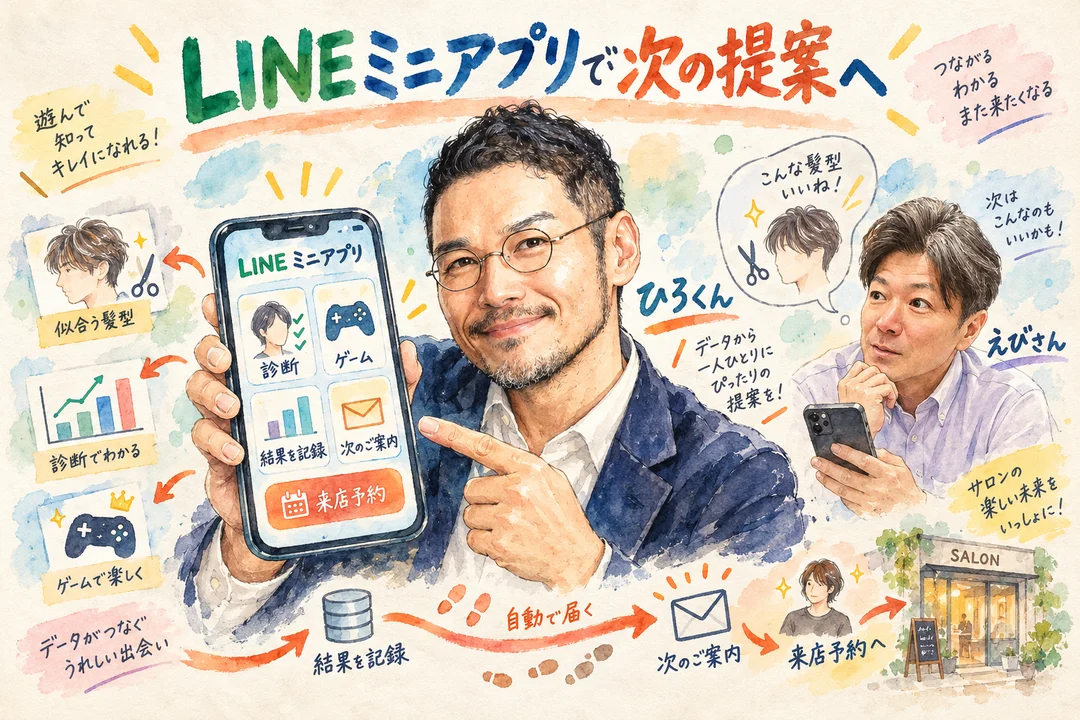 ひろくんとえびさんが、LINEの中の診断やゲームを見ながら話すグラレコ