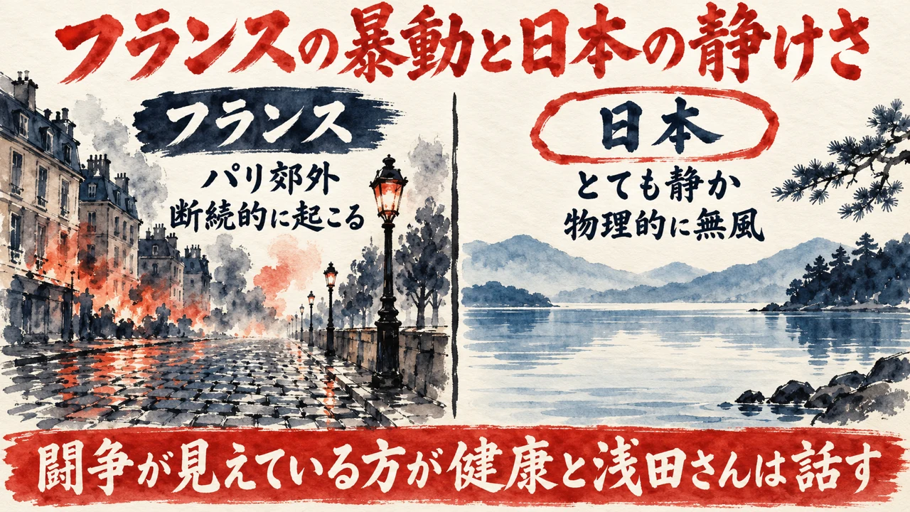 図解。見出しはフランスの暴動と日本の静けさ。左の列はフランス、右の列は日本で、下の帯に闘争が見えている方が健康という浅田さんの見方