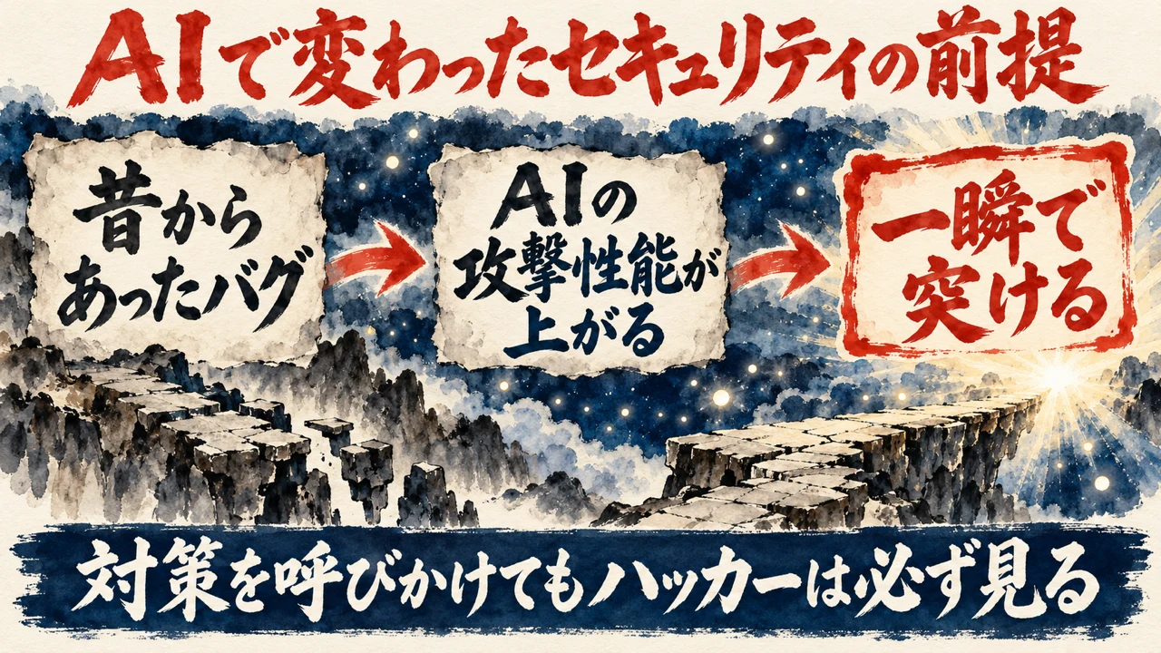 図解。見出しはAIで変わったセキュリティの前提。昔からあったバグ、AIの攻撃性能が上がる、一瞬で突ける、の三つの札が矢印で並び、下の帯に対策を呼びかけてもハッカーは必ず見る