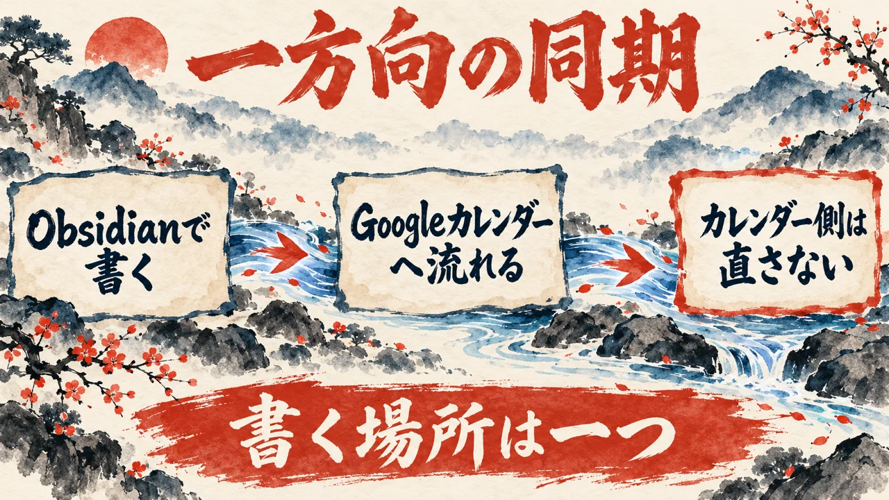 「一方向の同期」の図解。「Obsidianで書く」「Googleカレンダーへ流れる」「カレンダー側は直さない」の三つの札と、一方向の矢印の水彩画。下の帯に「書く場所は一つ」
